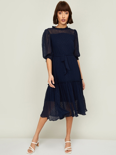 

CODE by Lifestyle Navy Blue Self Design Puff Sleeves A-Line Midi Dress