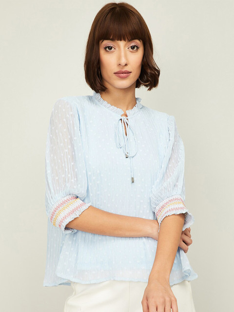 

CODE by Lifestyle Women Blue Self Designed Tie-Up Neck Puff Sleeve A-Line Top