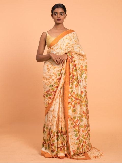 

Suta Off White & Orange Floral Mulberry Silk Saree