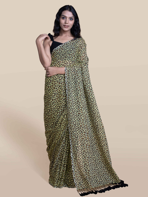 

Suta Mustard Yellow & Brown Animal Printed Pure Cotton Saree