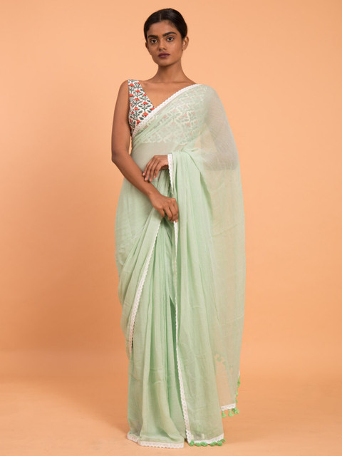 

Suta Sea Green & White Solid Pure Cotton Lace Border Saree
