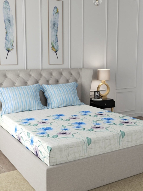 

URBAN SPACE Blue & White Floral 200 TC King Bedsheet with 2 Pillow Covers