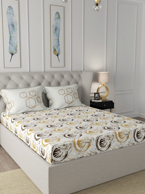 

URBAN SPACE White & Mustard Yellow Floral 200 TC King Bedsheet with 2 Pillow Covers
