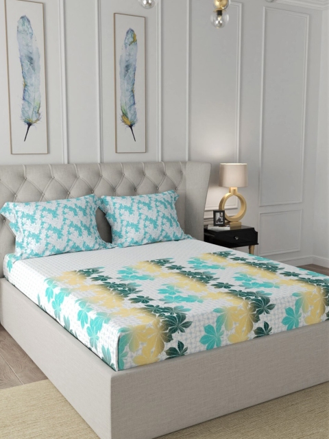 

URBAN SPACE Green & Blue Floral 200 TC King Bedsheet with 2 Pillow Covers