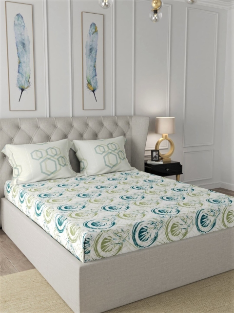 

URBAN SPACE White & Teal 200 TC Cotton 1 King Bedsheet with 2 Pillow Covers