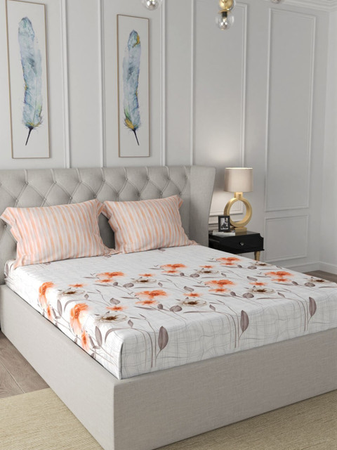 

URBAN SPACE Orange & Grey Floral Cotton 200 TC Super King Bedsheet With 2 Pillow Covers
