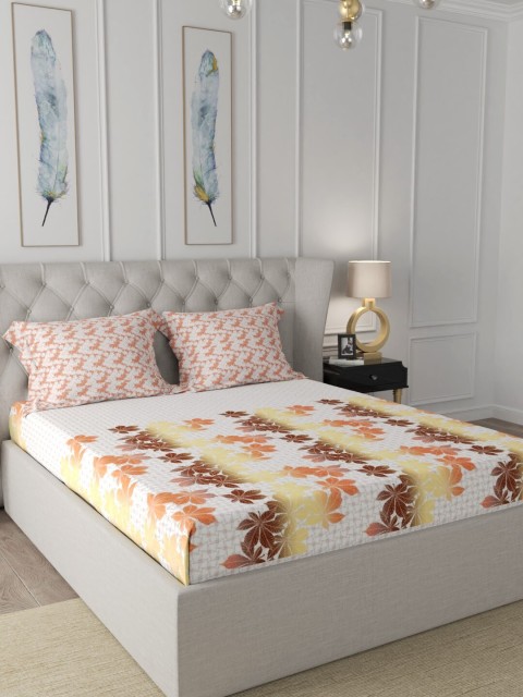 

URBAN SPACE White & Brown Floral 200 TC King Bedsheet with 2 Pillow Covers