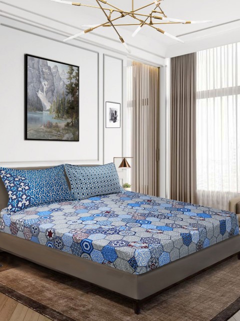 

Aura Blue & Grey 210 TC King Bedsheet with 2 Pillow Covers