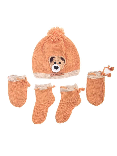 

The Original Knit Set of Kids Rust & Beige Beanie, Booties & Mittens