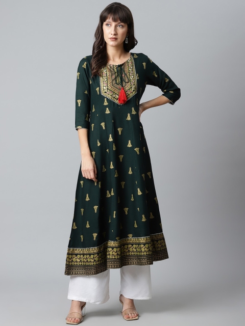 

Sringam Women Green & Gold-Toned Ethnic Motifs Printed Tie-Up Neck Anarkali Kurta