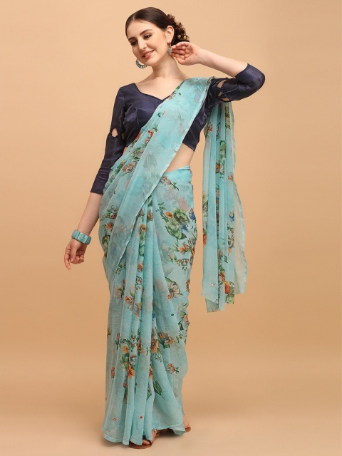 

Tikhi Imli Turquoise Blue & Green Floral Printed Saree