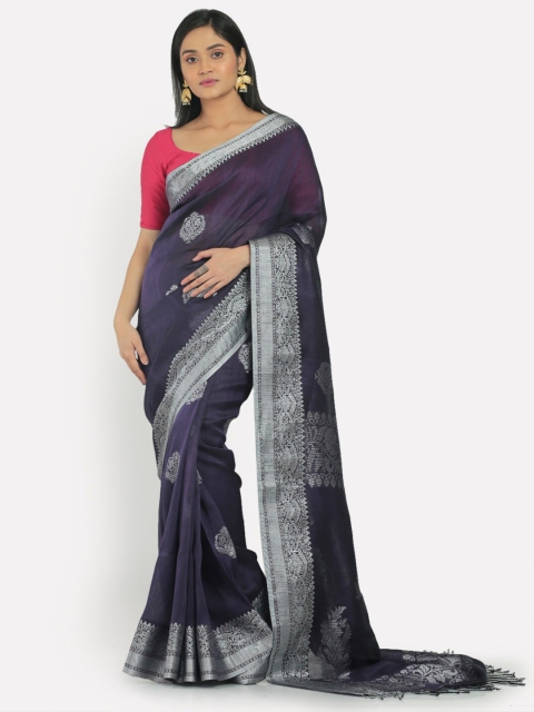 

Aryavart Women Violet & Silver-Toned linen Ethnic Motifs Woven Designed saree