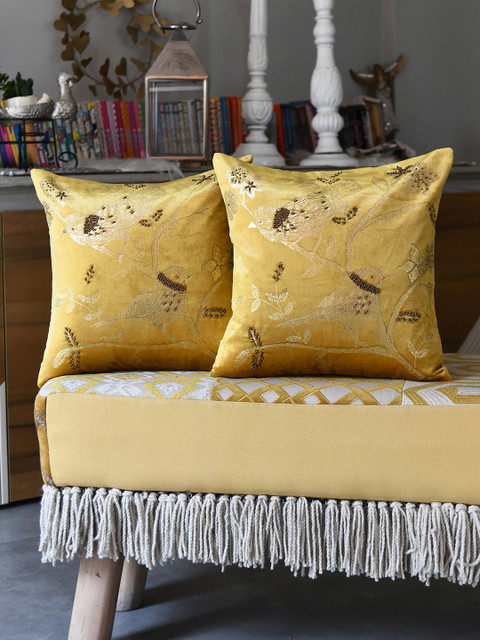 

AMOROSA Yellow Set of 2 Embroidered Velvet Square Cushion Covers