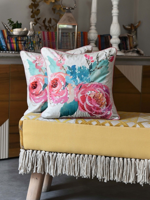

AMOROSA Multicoloured Set of 2 Embroidered Velvet Square Cushion Covers, Multi