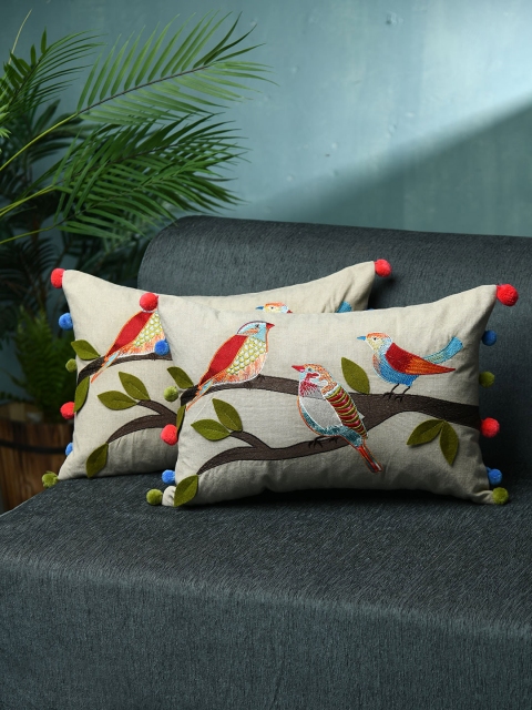

AMOROSA Multicoloured Set of 2 Embroidered Rectangle Cushion Covers, Multi