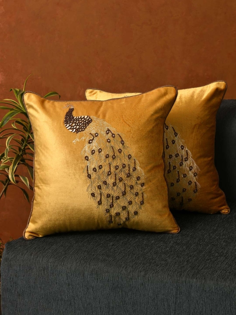 

AMOROSA Yellow Set of 2 Embroidered Velvet Square Cushion Covers