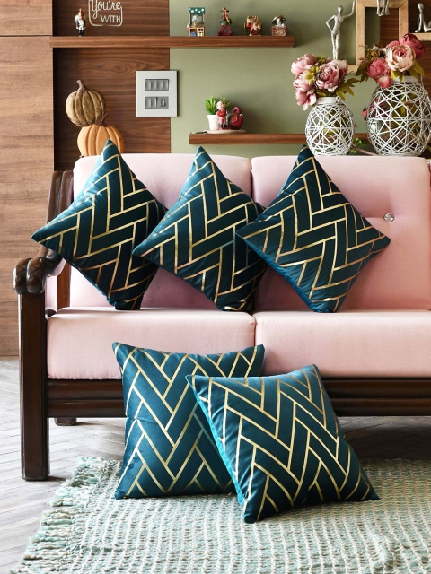

AMOROSA Teal Green Set of 5 Abstract Velvet Square Cushion Covers