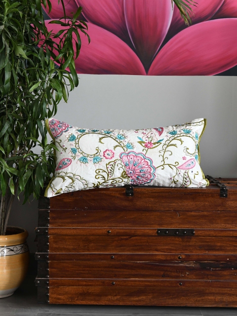 

AMOROSA White & Pink Single Embroidered Rectangle Cushion Covers