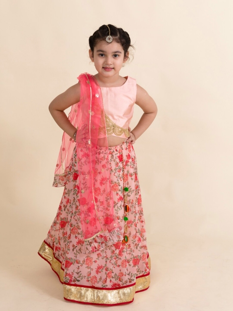 

Pspeaches Girls Peach & Multicoloured Embellished Ready to Wear Lehenga-Choli With Dupatta