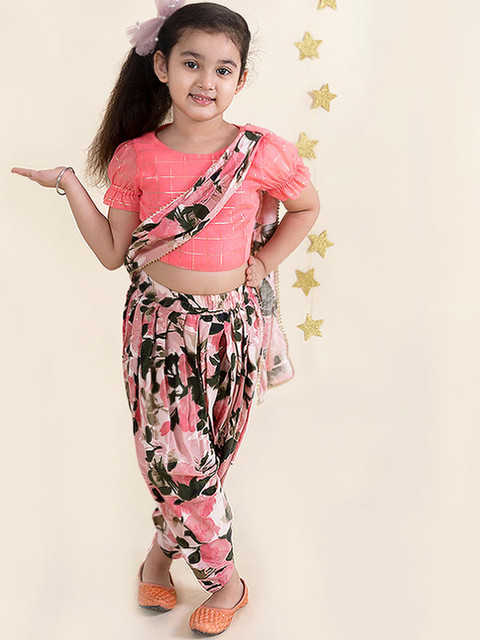 

pspeaches Girls Pink Floral Printed Layered Kurti with Dhoti Pants