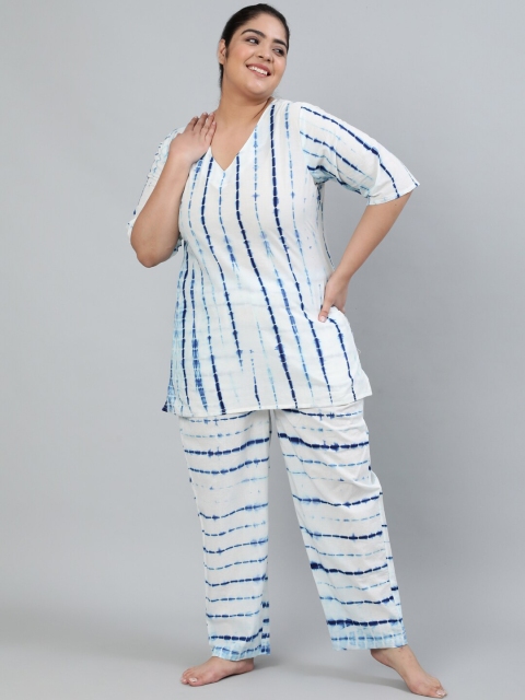

Nayo Women Off White & Blue Tie & Dye Printed Night Suit