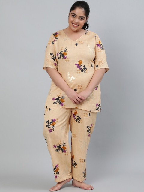 

Nayo Women Cream-Coloured & Purple Floral Printed Night Suit