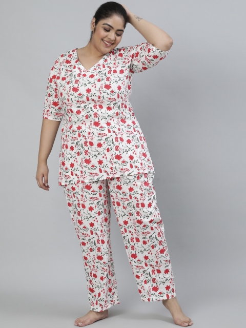 

Nayo Women White & Orange Floral Printed Night Suit