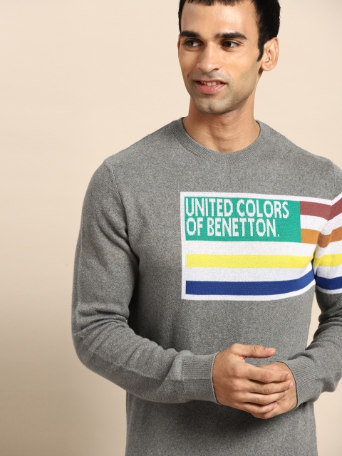 

United Colors of Benetton Men Grey Melange & Green Cotton Brand Logo Pullover