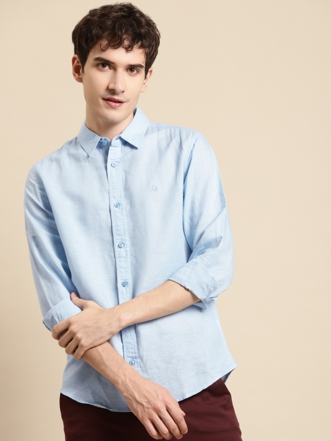 

United Colors of Benetton Men Blue Linen Cotton Solid Slim Fit Casual Shirt