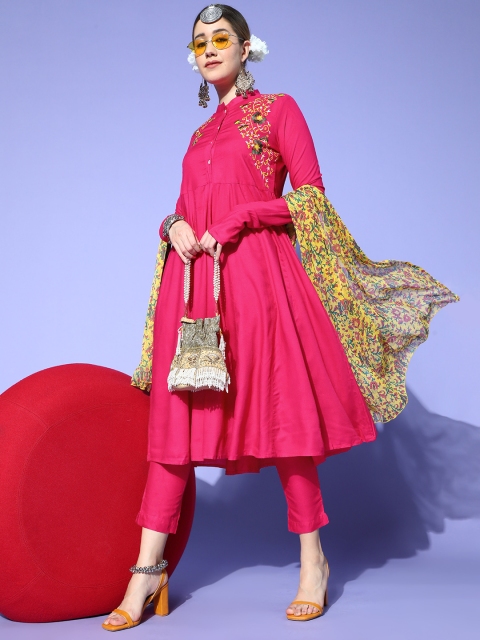 

Sangria Women Pink Embroidered Panelled Anarkalli Kurta with Trousers