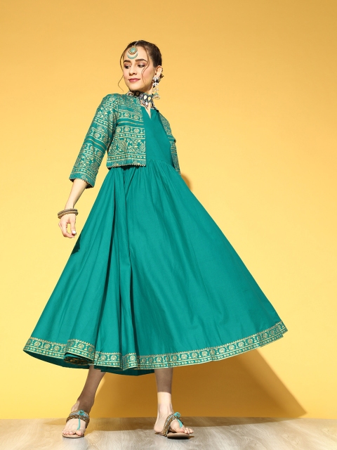 

Sangria Women Teal Blue & Golden Sleeveless Pure Cotton Dress with Ethnic Jacket