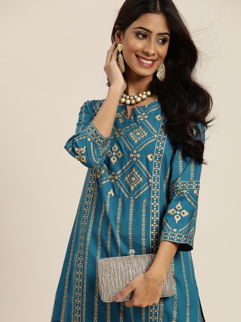 

Sangria Women Teal Blue & Golden Ethnic Motifs Printed Straight Kurta