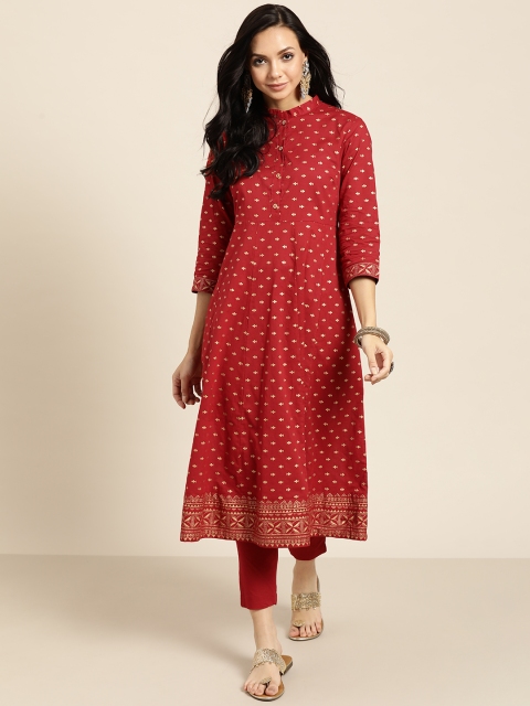 

Sangria Women Red & Golden Ethnic Motifs Printed Regular Pure Cotton Kurta with Trousers