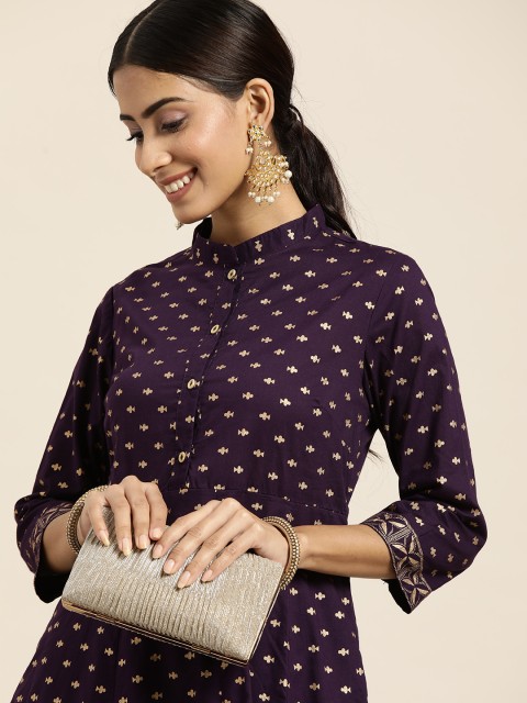 

Sangria Women Purple & Golden Ethnic Printed Pure Cotton Kurta with Trousers