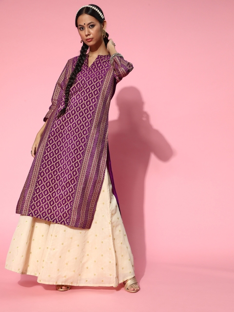 

Sangria Women Purple & Golden Geometric Printed Kurta