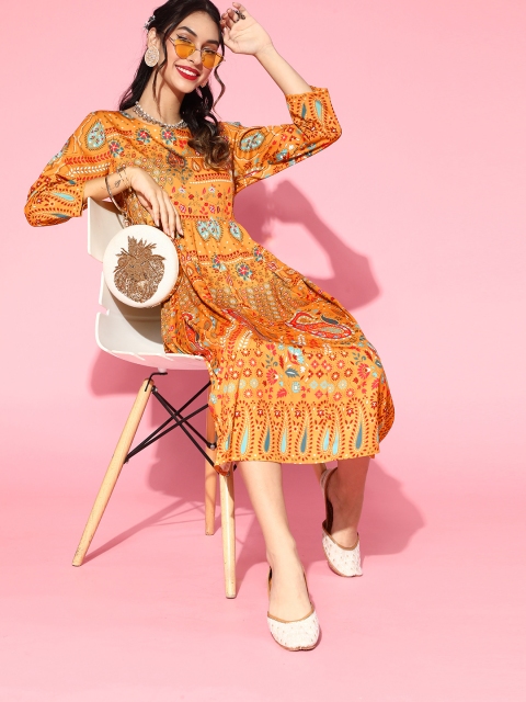

Sangria Women Mustard Ethnic Motifs Paisley Printed Dress