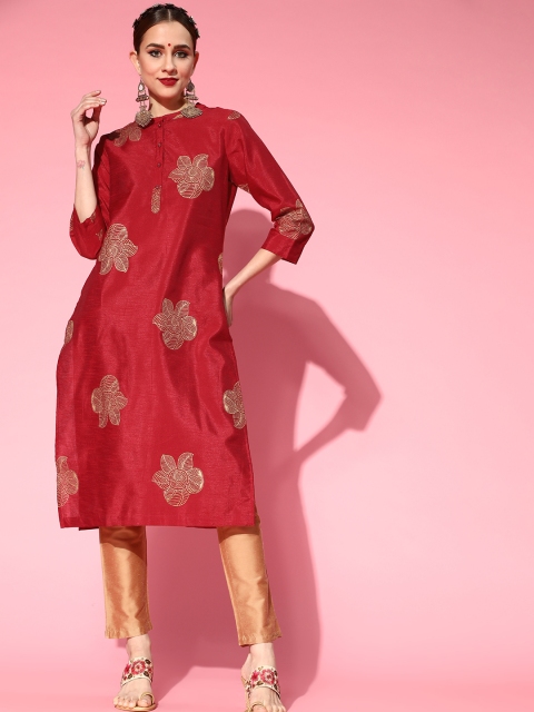 

Sangria Women Maroon & Golden Floral Print Kurta