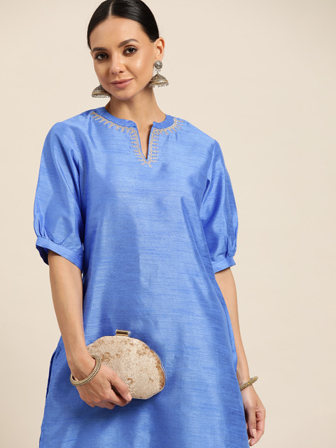 

Sangria Women Blue Solid Thread Work Straight Kurta
