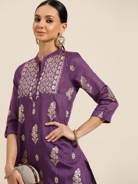 

Sangria Women Purple & Golden Ethnic Printed Regular Pure Cotton Kurta with Trousers