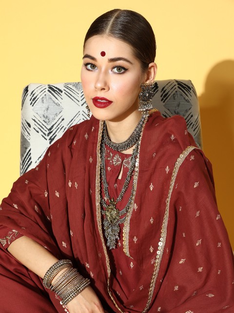 

Sangria Women Maroon Ethnic Motifs Printed Regular Kurta with Palazzos & With Dupatta