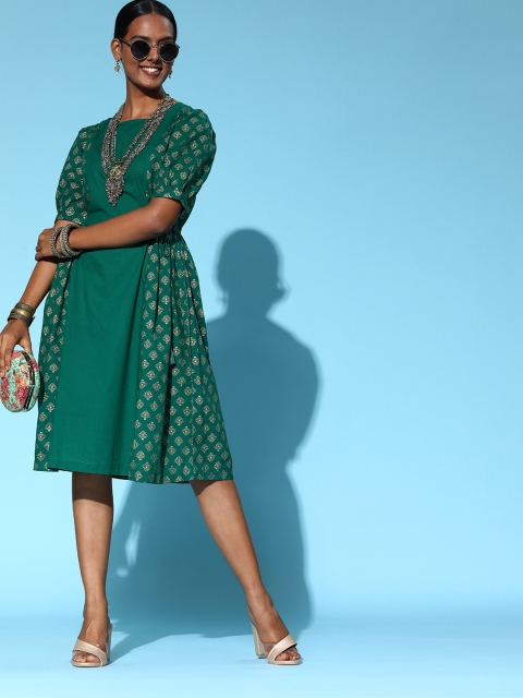 

Sangria Women Gorgeous Green Ethnic Motifs Dress