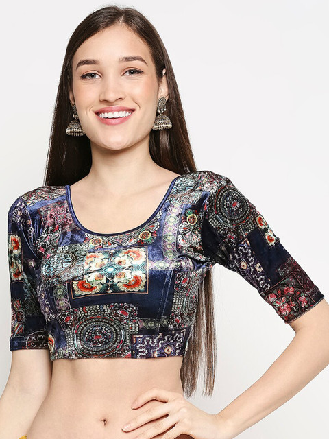 

SALWAR STUDIO Navy Blue & Beige Velvet Printed Stretchable Readymade Saree Blouse