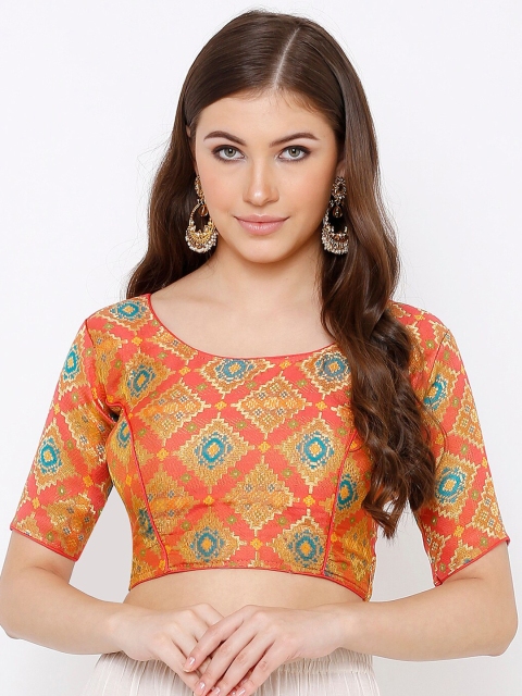 

SALWAR STUDIO Peach-Coloured Brocade Readymade Saree Blouse