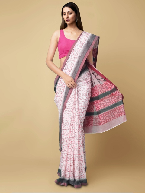 

Unnati Silks Women Off White & Red Pure Cotton Block Printed Kerala Saree