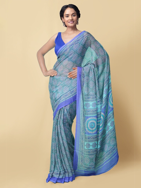 

Unnati Silks Women Green & Blue Floral Printed Baluchari Saree