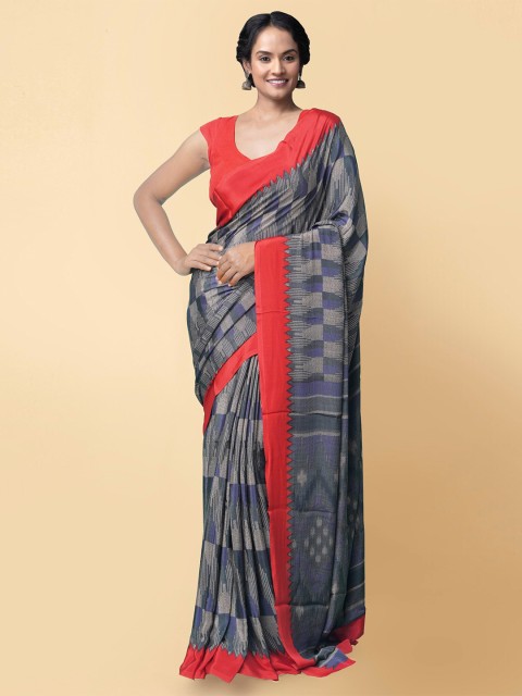 

Unnati Silks Grey & Blue Handloom Baluchari Saree