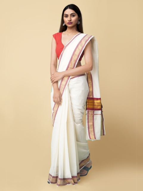 

Unnati Silks Cream-Coloured & Maroon Zari Handloom Pure Cotton Kerala Kasavu Saree