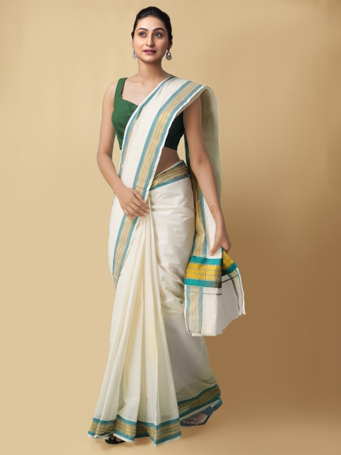 

Unnati Silks Cream-Coloured & Green Woven Design Zari Pure Cotton Sustainable Kasavu Saree