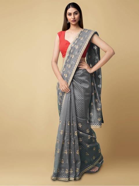 

Unnati Silks Women Grey Organza Floral Embroidered Saree
