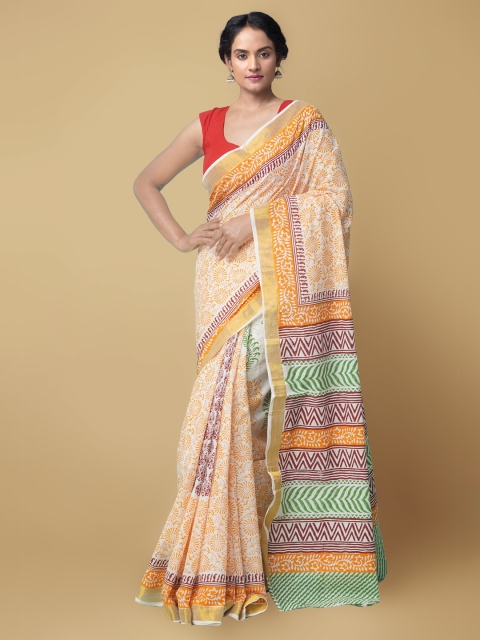 

Unnati Silks Women Cream-Coloured & Orange Pure Block Printed Kerala Cotton Saree